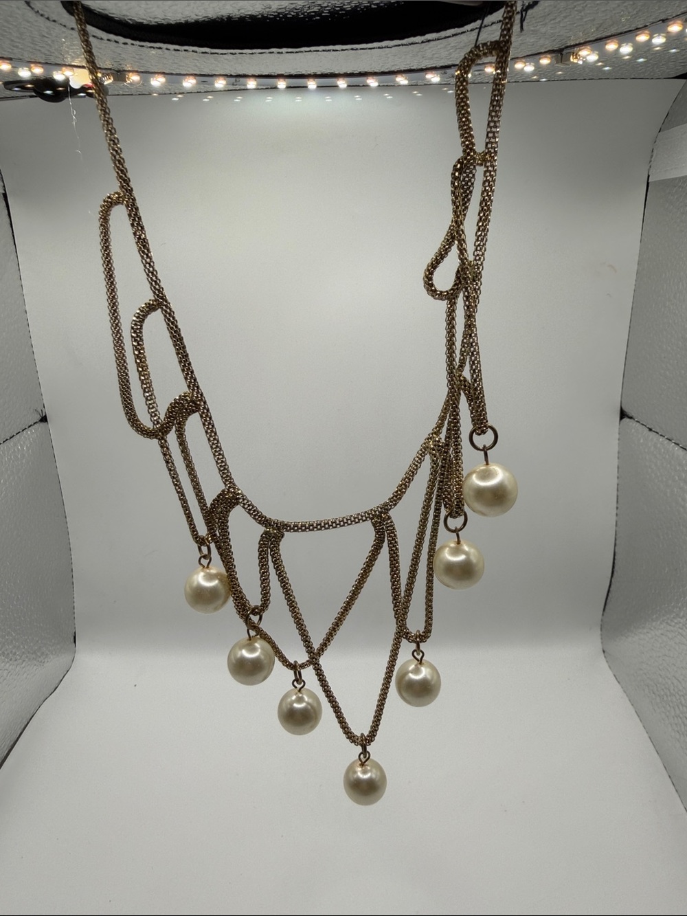Premier Designs Faux Pearl Statement Necklace Gold Tone Draped Chain